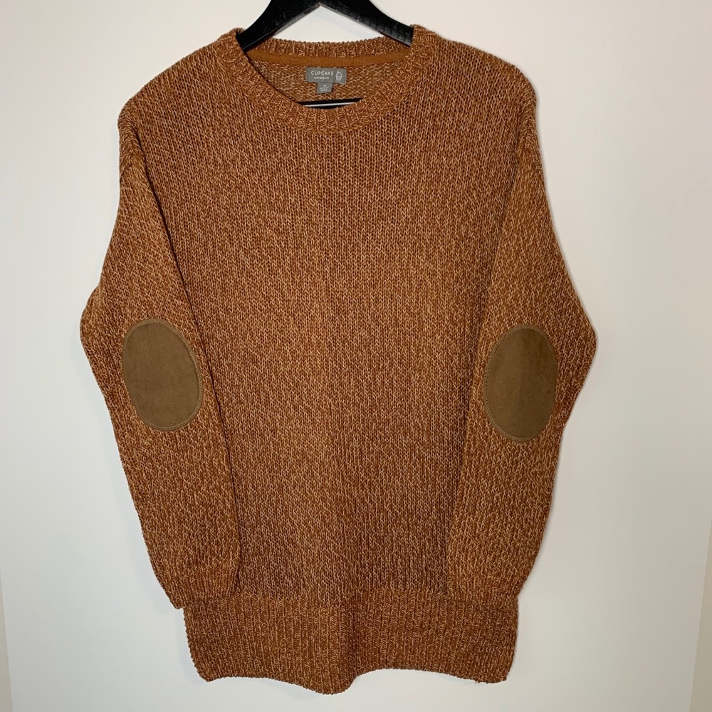 Cupcake Womens Brown Cable Knit Sweater M Elbow Patch Shaker Preppy Collegiate